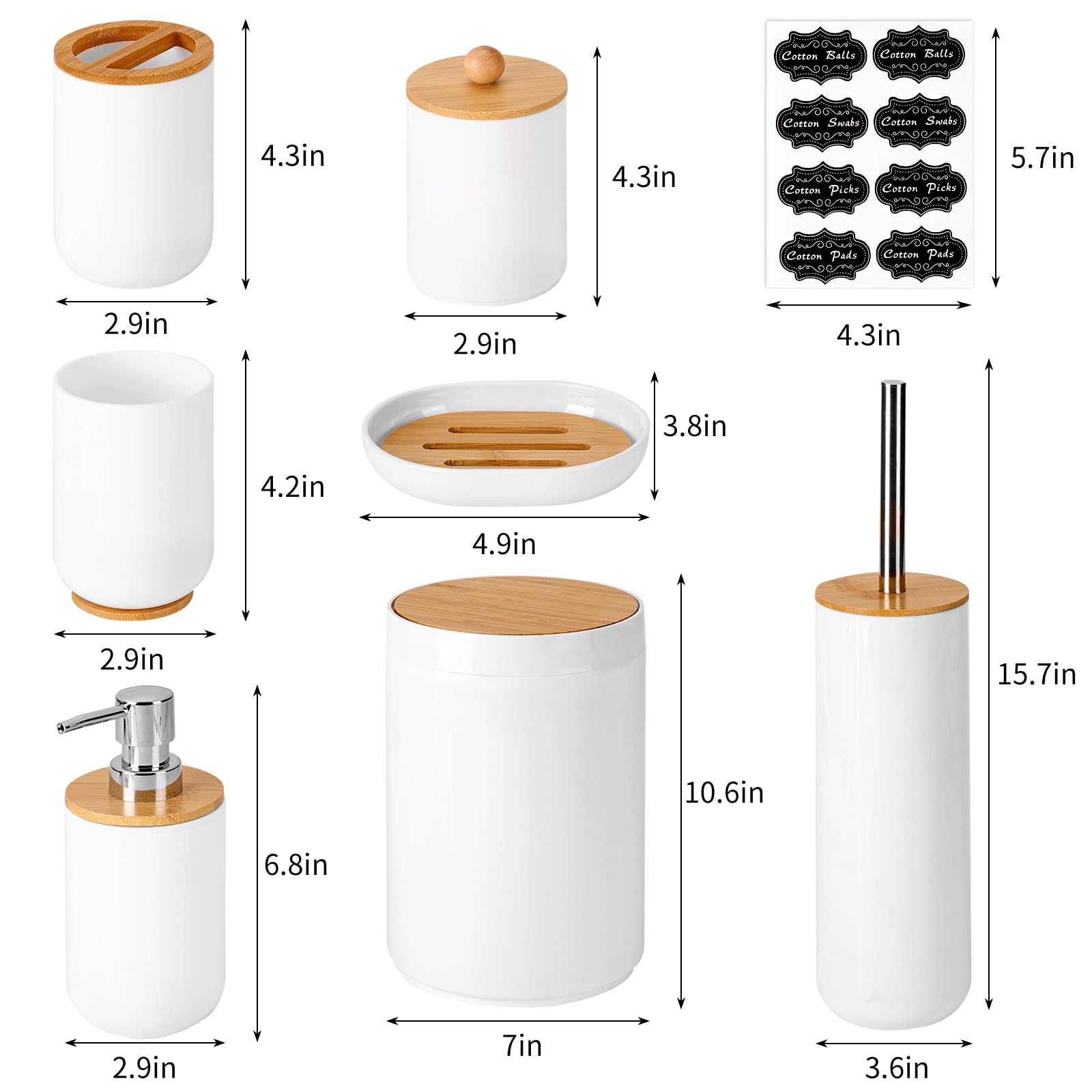 Fixwal Bamboo Bathroom Accessories, 8Pcs Bathroom Accessory Set With Trash Can, Toothbrush Holder, Soap Dispenser, Soap Dish, Pl