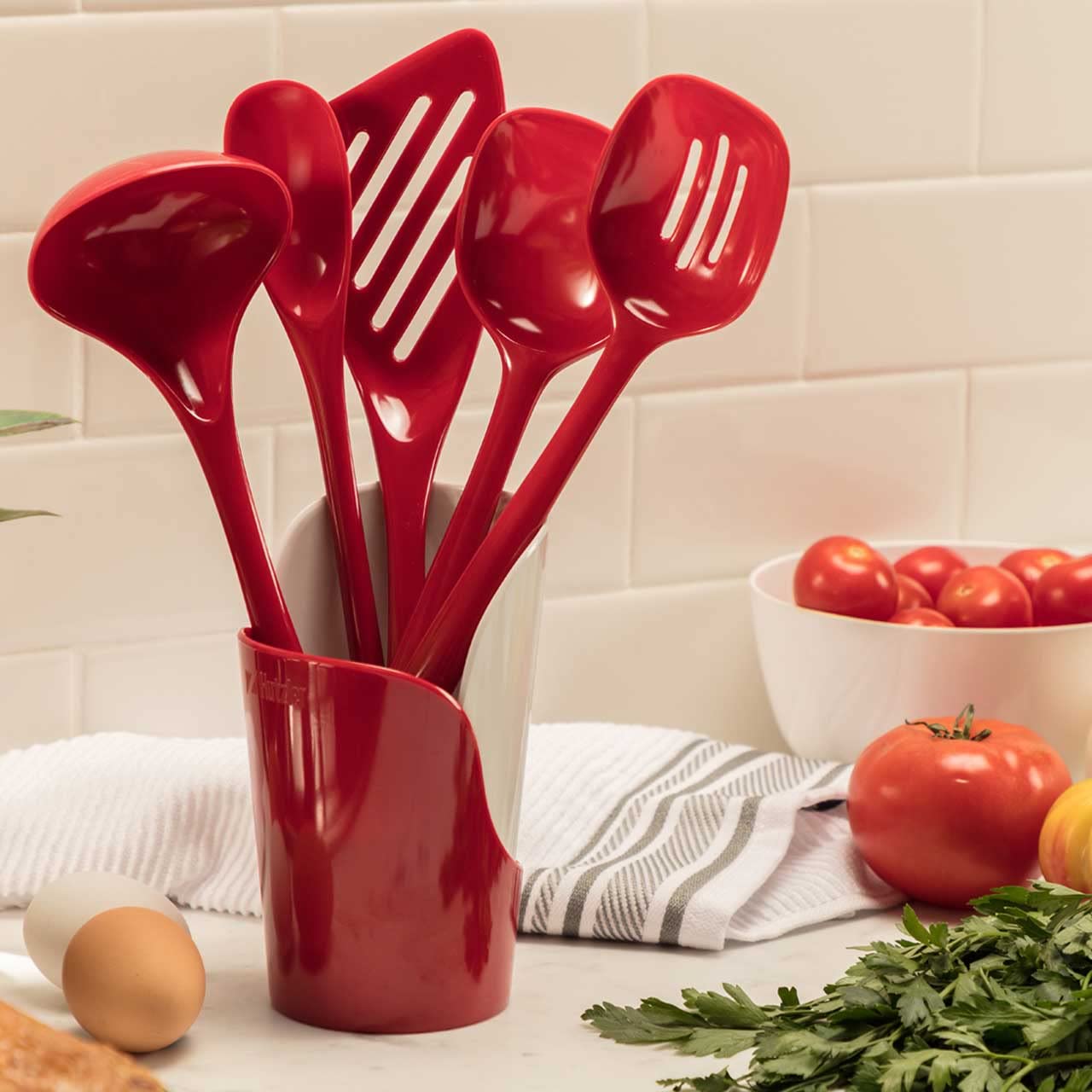 Hutzler Melamine Cooking Utensils And Crock Set, 6-Pc, Red