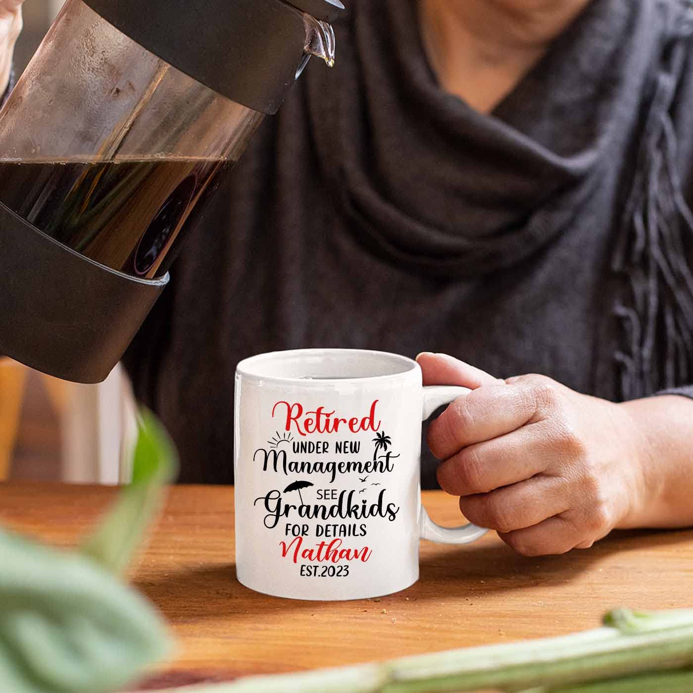 Personalized Name Retired Coffee Mugs Cups Gifts For Retired Employee Retiree, Customized Retired Under New Management See Grand