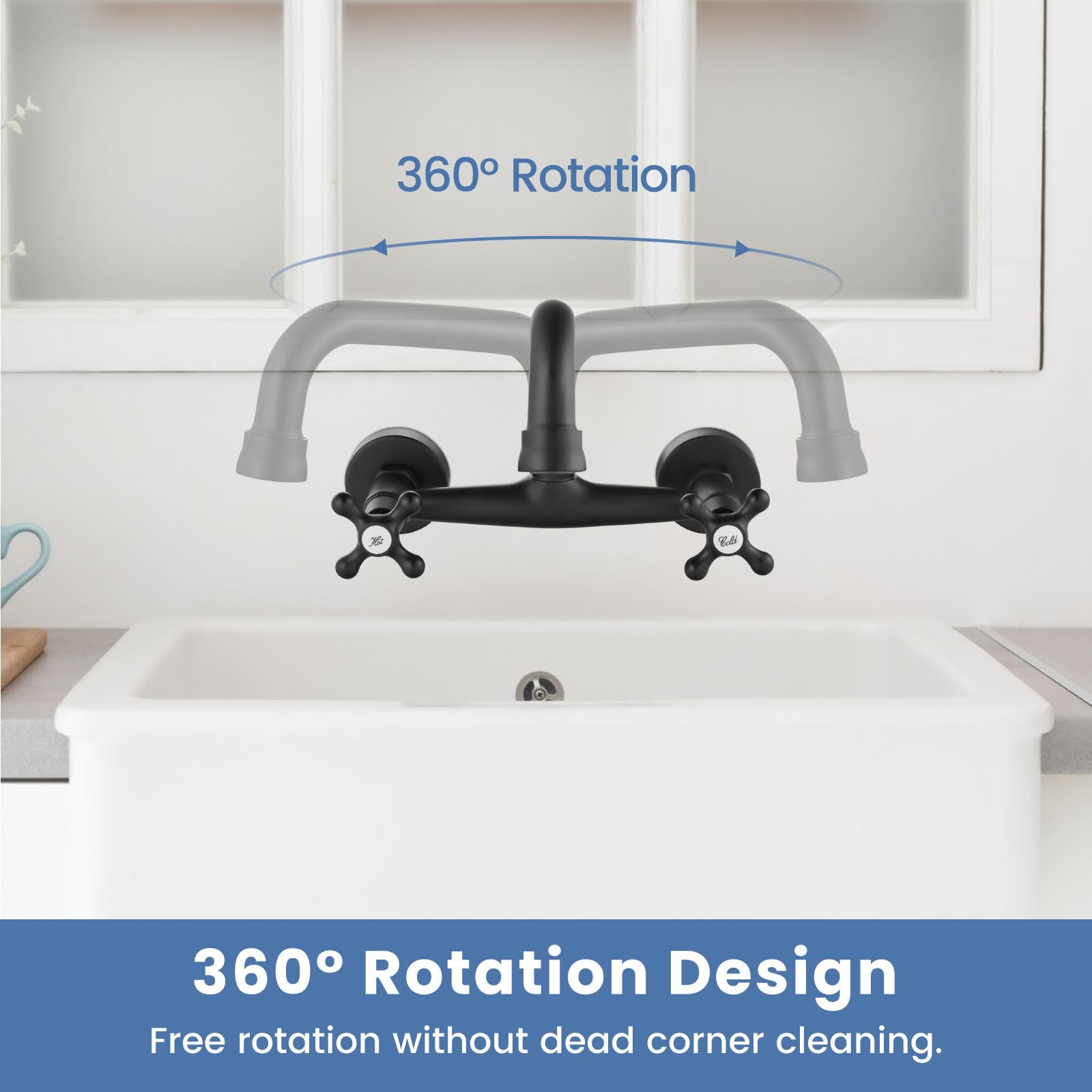 Airuida Wall Mount Kitchen Sink Faucet For 6 Inch(15Cm) Spout Reach 8 Inch Center Adjustable Center Double Cross Handles Hot And