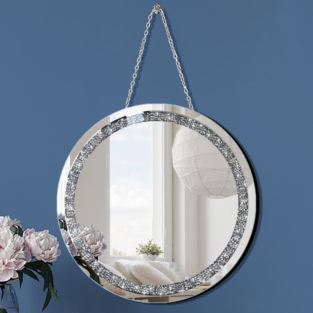 QMDECOR Crush Diamond 12 inch Wall-Mounted Mirrors with Iron Chain Home Decoration Round Silver Crystal Sparkling Decorative Mir
