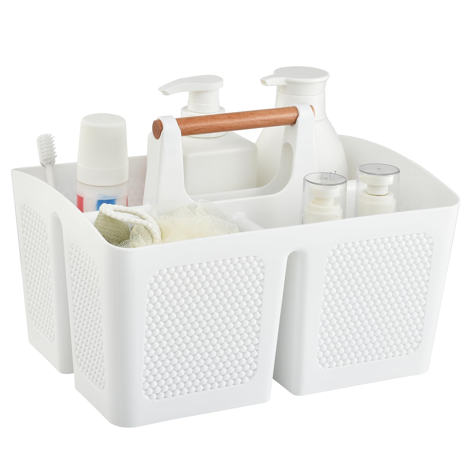Haundry Plastic White Shower Caddy Basket with 3 Compartments, Portable Divided Bathroom Cleaning Caddy Organizer Storage Tote w