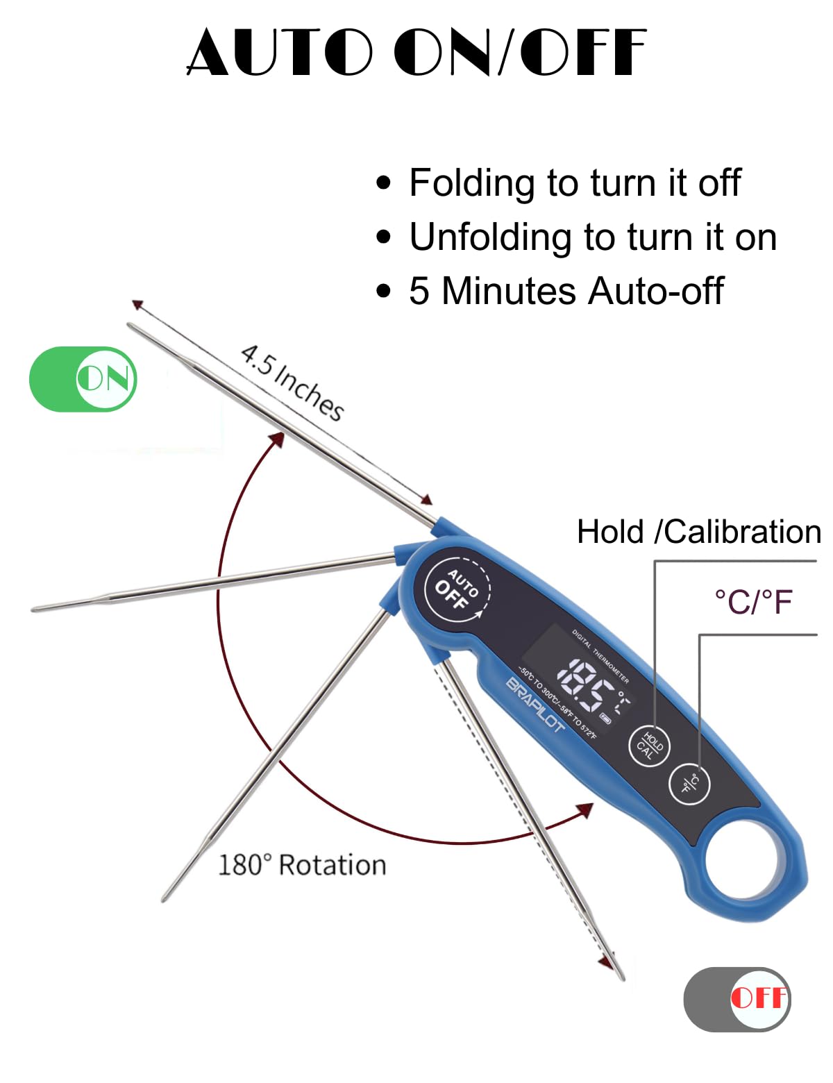 Brapilot Meat Thermometer Rechargeable For Cooking - 3~4S Instant Read Candy Cooking Food Thermometer, Led Display, Temperature