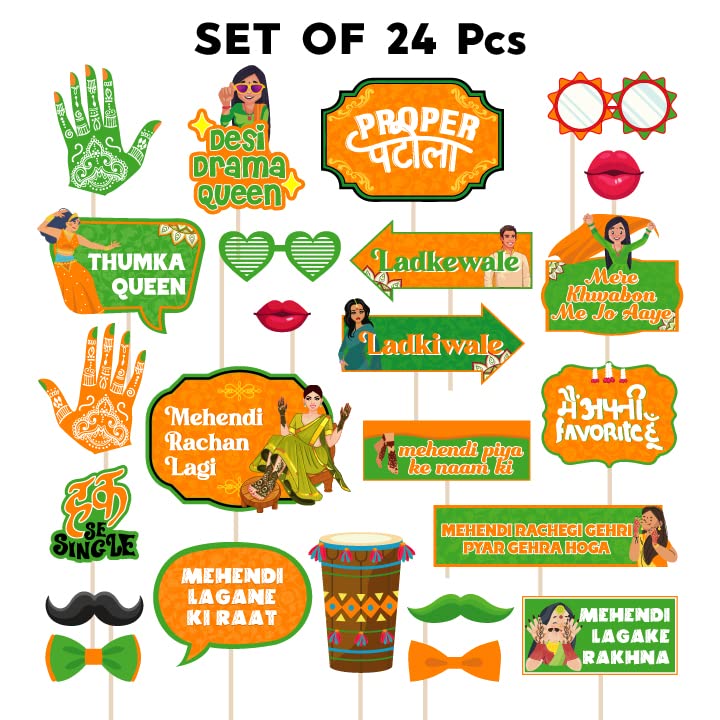 Festiko 24 Pcs Mehendi Photobooth Props, Mehendi Ceremony Props, Mehendi Function Decorations, Wedding Photobooth Props, Mehendi