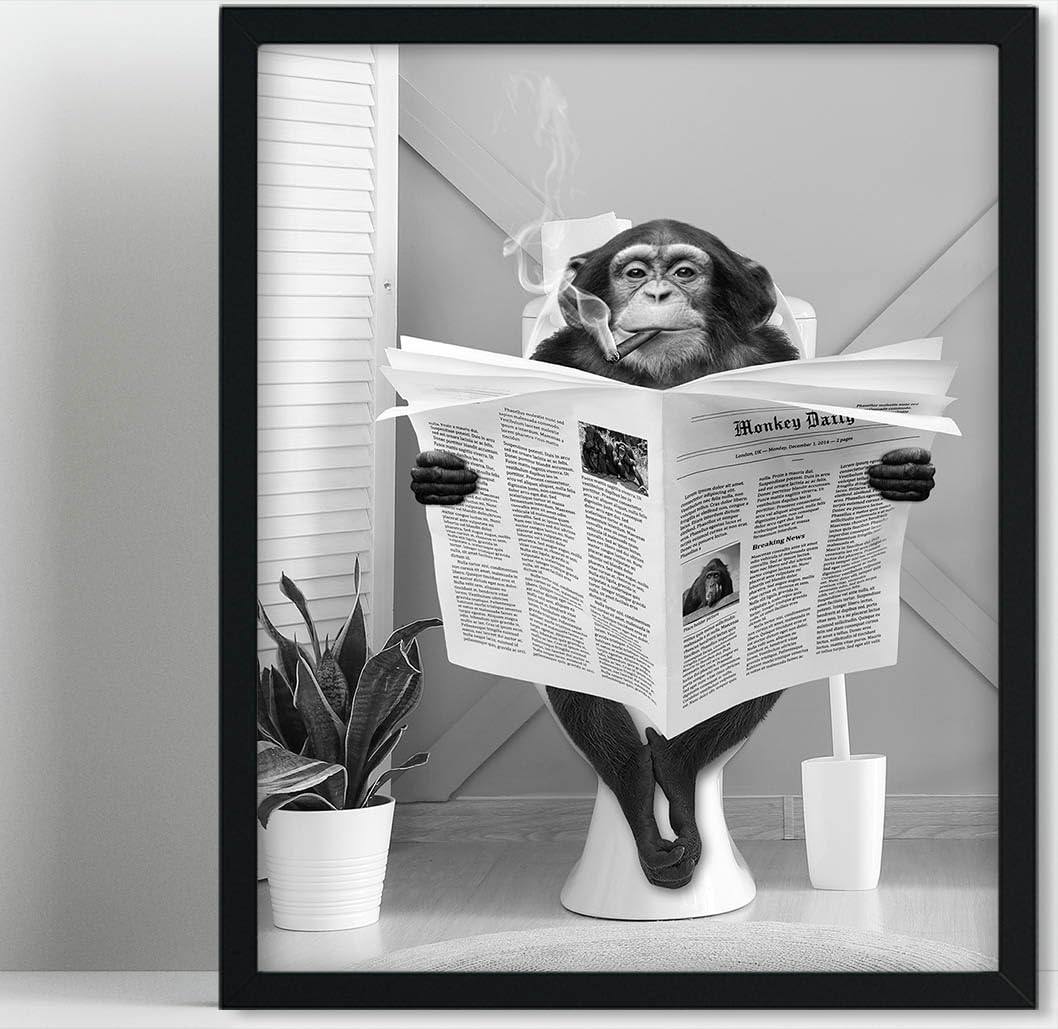 Biufo Monkey On Toilet Framed Canvas Wall Art Print Animal Poster Decor For Bedroom Bathroom (8''X10'')