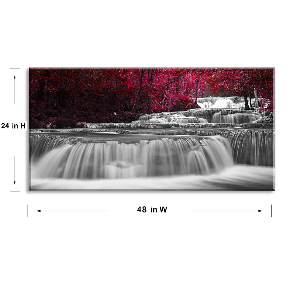 Home Wall Art D  Cor Of Wide Waterfall And Red Leaves,Maple Leaves Canvas Prints Pictures Painting Artwork,Beautiful Black White