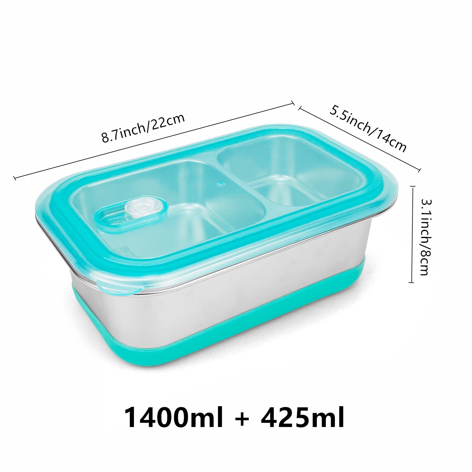 Lunbengo 1400Ml Stainless Steel Bento Lunch Box With Plastic Lids- Large Meal Prep Container With 500Ml Divided Compartments - P