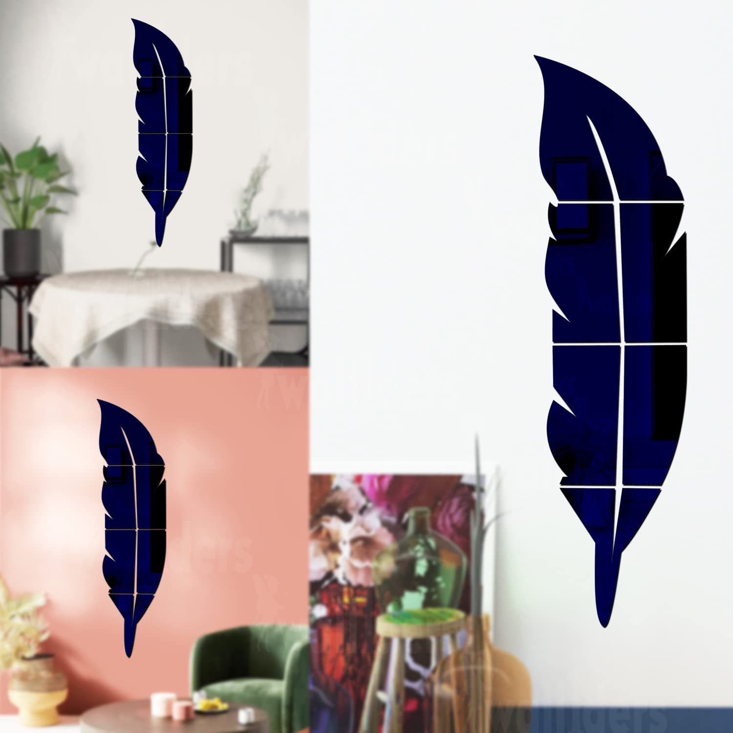 Wall1ders Plume Feather Blue, mirror stickers for wall, acrylic mirror wall decor sticker, wall mirror stickers, Acrylic Sticker