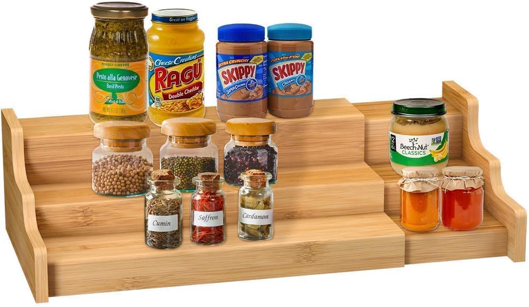 Vbm Wooden Spice Rack Organizer 3 Tier Bamboo Natural Expandable For Cabinet Pantry Or Countertop,Waterproof And Non Skid Shelf 