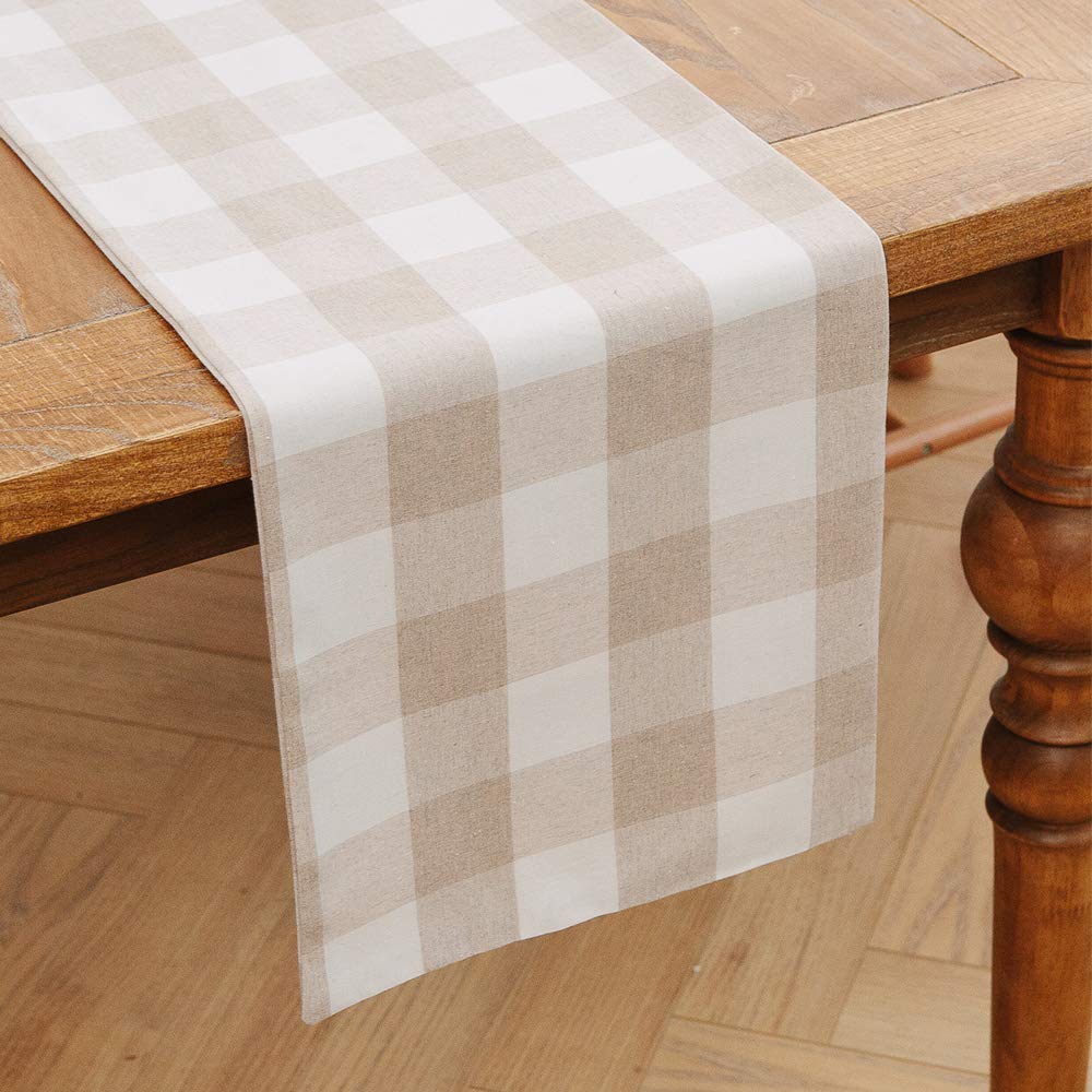Natus Weaver Beige & White 2 Piece Fabric In 1 Cotton Buffalo Check Table Runner Cloth For Family Dinners Or Gatherings, Indoor