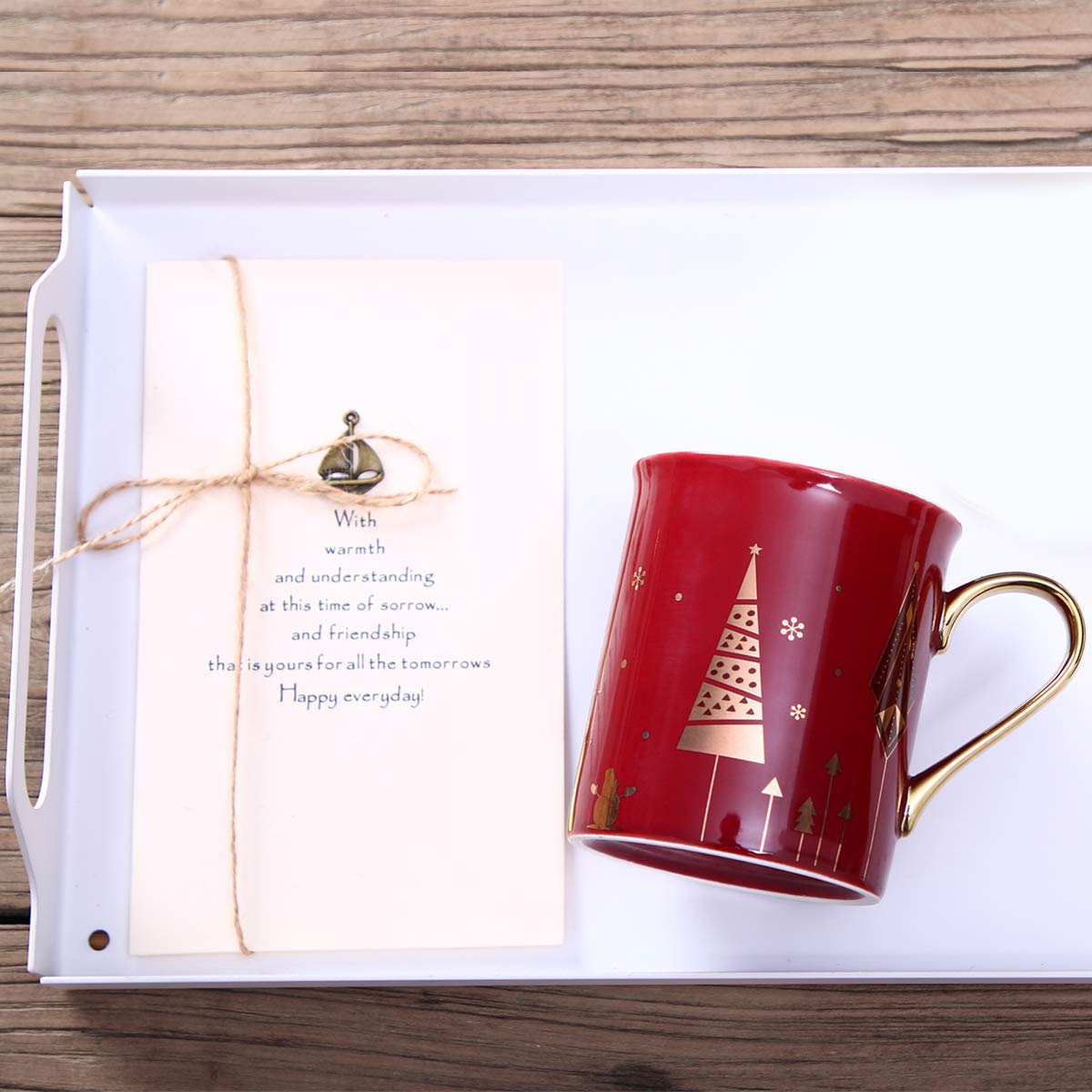 WAVEYU Christmas Cute Ceramic Coffee Mug with Golden Handle Decorative Coffee Cup for Women for Ideal Gifts, 10 OZ(Red)