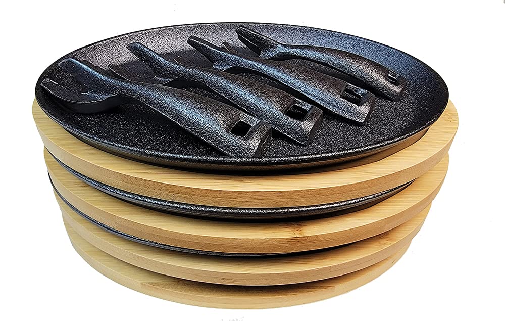 Hawok Cast Iron Fajita Pan With Bamboo Tray And Handle Set Of 4