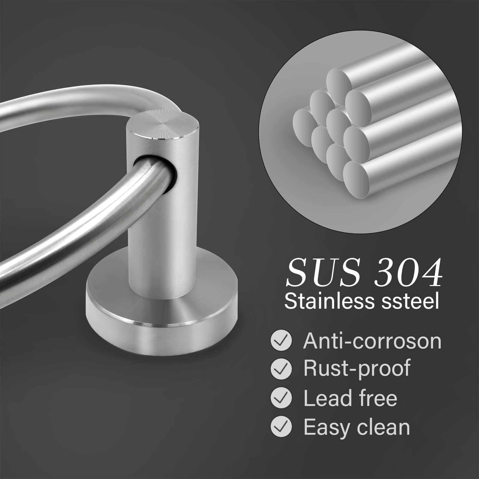 Brushed Nickel Hand Towel Ring Hand Towel Holder for Bathroom Wall Mounted Bathroom Towel Holder Bathroom Towel-Racks Bathroom Hardware Simple Round Towel Hanger SUS 304 Stainless Steel