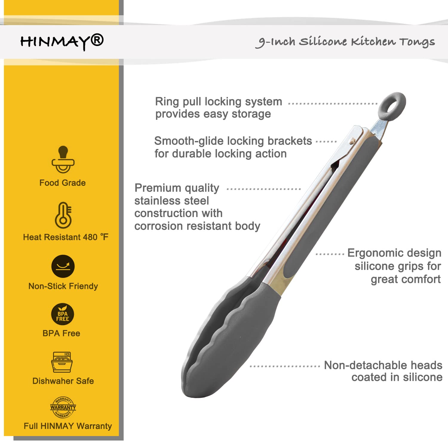 Hinmay Locking Kitchen Tongs With Silicon Tips 9-Inch Stainless Steel Grilling Tongs, Set Of 3 (Gray)