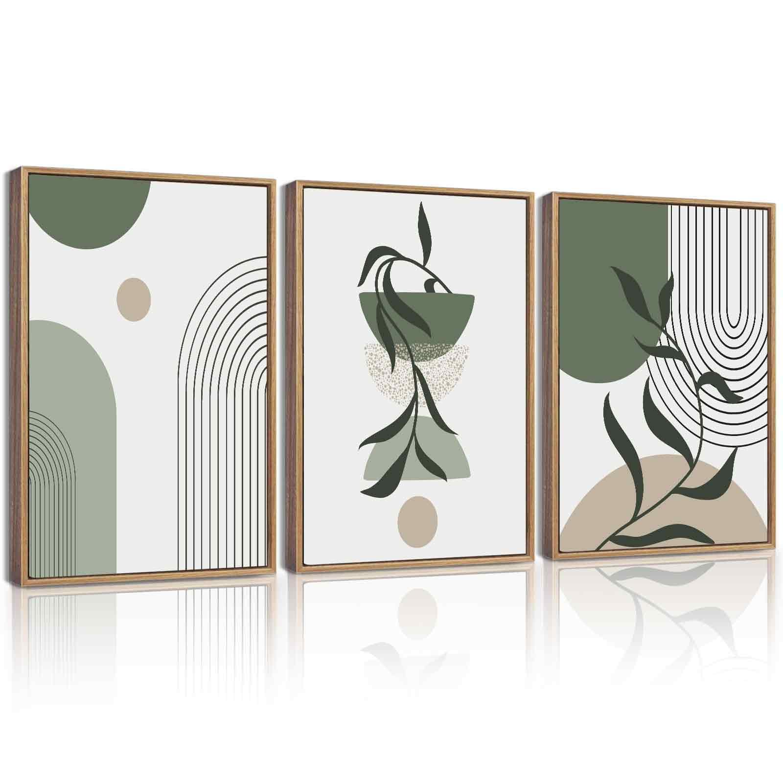 Kuvioke Boho Wall Art Framed Botanical Modern Wall Printing Green Neutral Abstract Geometric Prints Bohemain Sage Decor For Farm