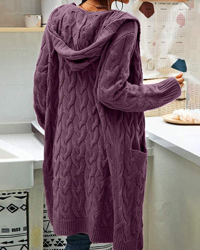 Women Hooded Open Front Cardigan Cable Knit Sweaters Solid Color Chunky Long Sweater Coats Purple