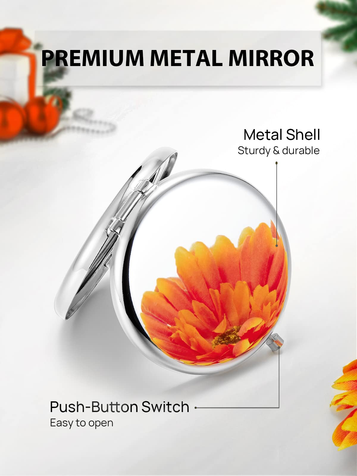 Getinbulk Compact Mirror For Purse, Double-Sided 1X/2X Magnifying Metal Pocket Makeup Mirrors(Round, Silver)