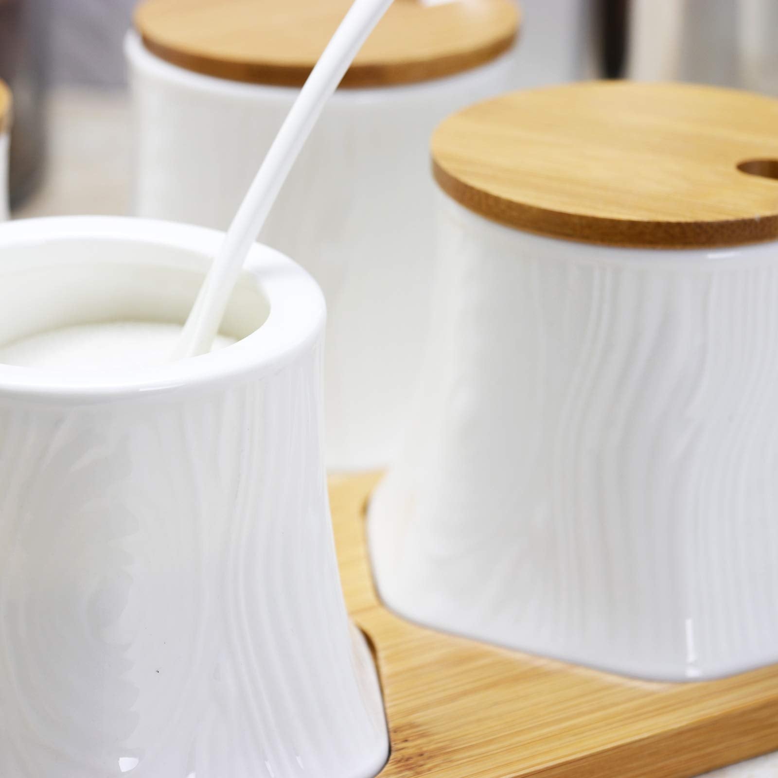Elama Spice, Jam, Salsa, And Seasoning Ceramic Condiment Serving Jars, 13 Piece, Tall Round In White And Natural Bamboo