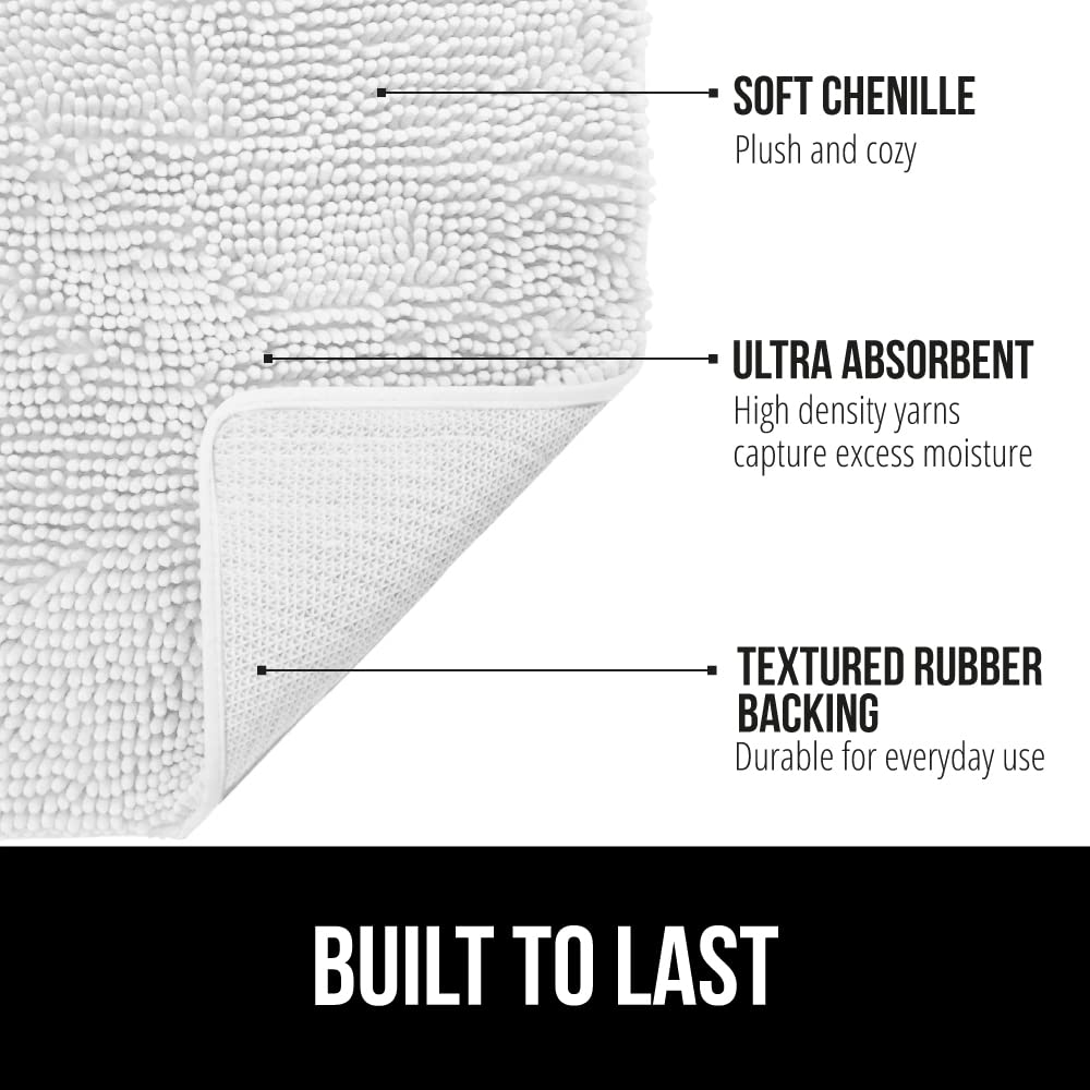 Gorilla Grip Bath Rug 44x26  Thick Soft Absorbent Chenille  Rubber Backing Quick Dry Microfiber Mats  Machine Washable Rugs for Shower Floor  Bathroom Runner Bathmat Accessories Decor  White
