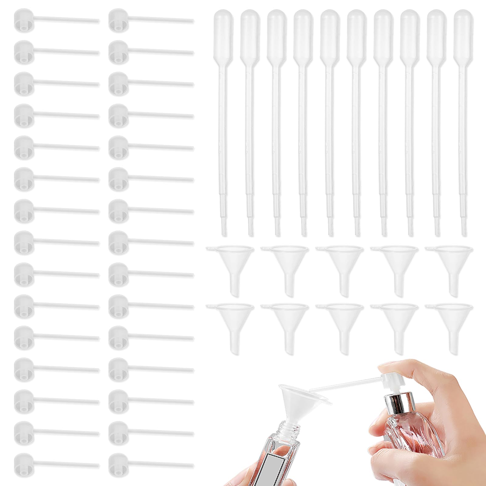 ChaserRoad 50pcs Perfume Refill Tool Kit - Includes Tiny Funnels, Dropper, Dispenser Pump - Fits Essential Oils & Liquid Cosmeti