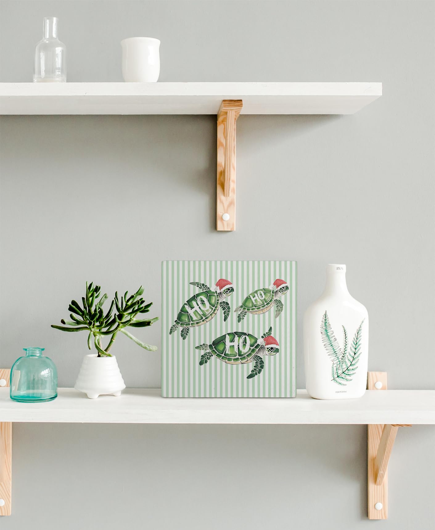 kunlisa Sea Turtle Christmas Beach Wooden Sign, Coastal Christmas Decor, Ho Ho Ho Xmas Santa Turtle Green Striped Wood Box Sign