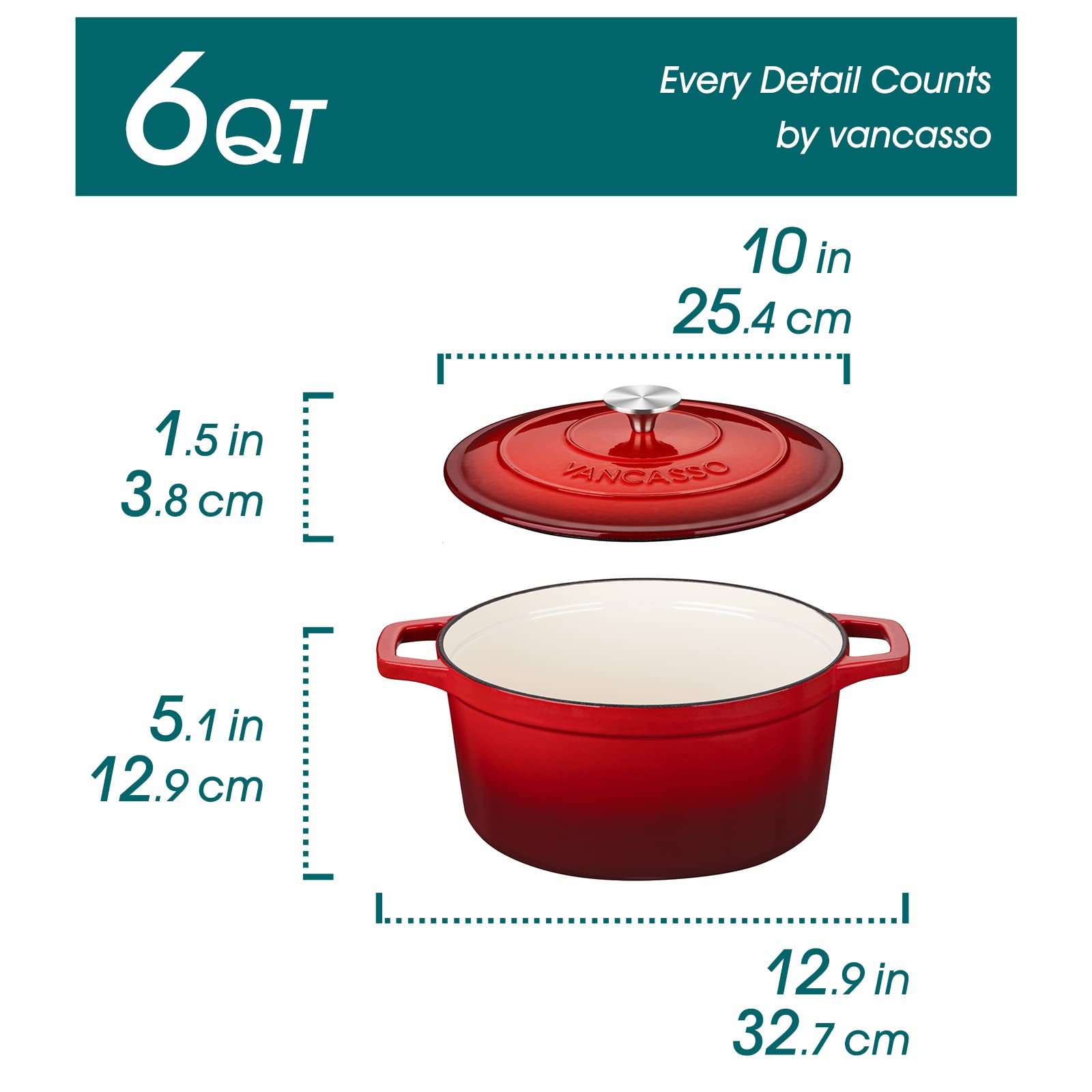 vancasso Enameled Cast Iron Dutch Oven  6 QT Oven Pot with Lid  Round Enamel for Bread Baking  Non Stick Coating  Pot's Body Iron  Good Sealing  All Heat Source