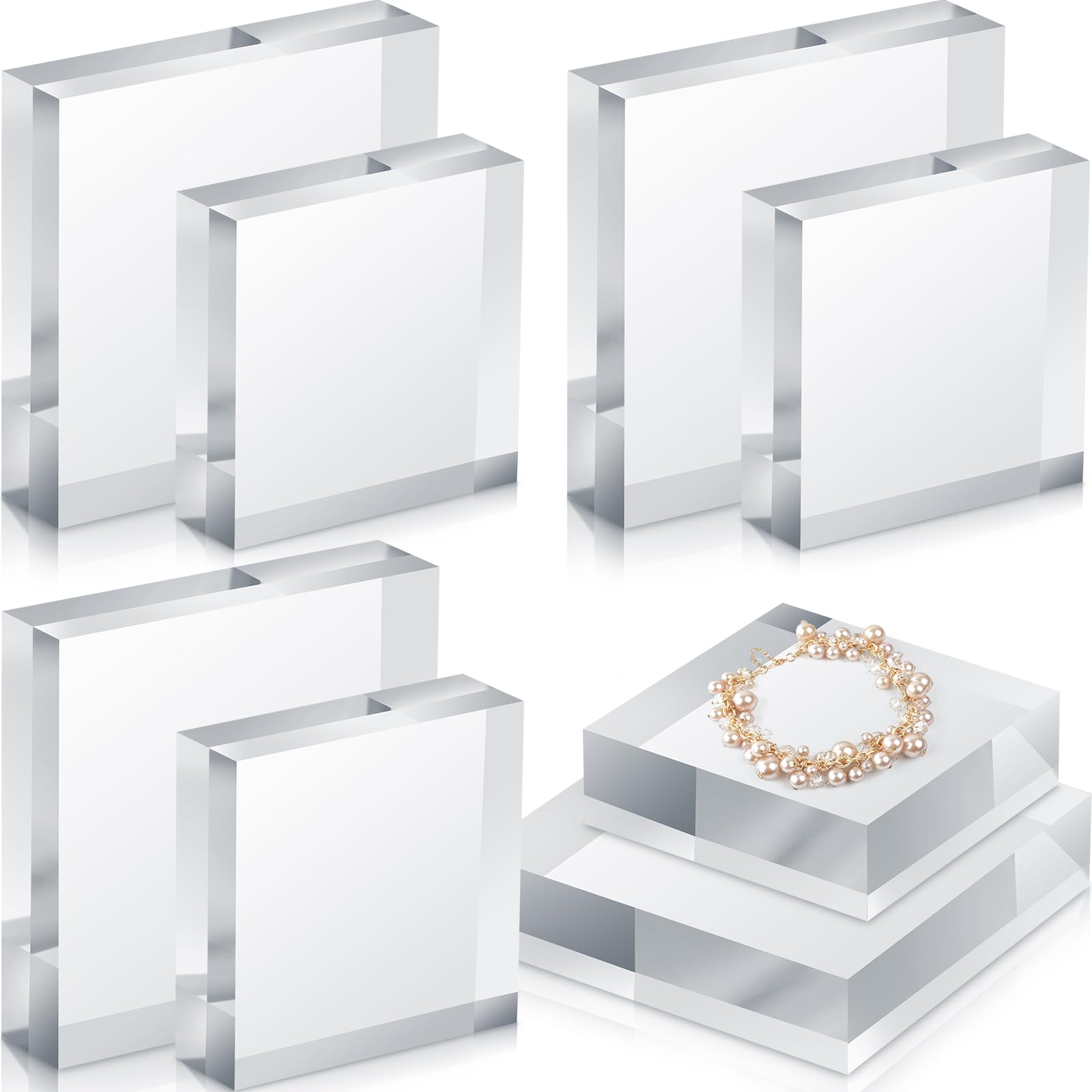Remerry 8 Pieces Acrylic Display Block 3 x 3 x 1 Inch, 4 x 4 x 1 Inch Clear Polished Acrylic Square Display Cube Block Stand Hol