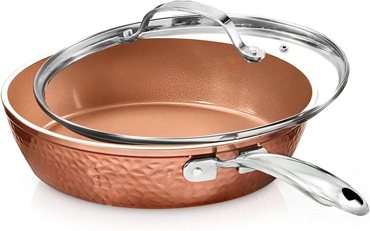 Gotham Steel Hammered Copper 12 Inch Non Stick Frying Pans With Lid, Frying Pans Nonstick With Lid, Non Toxic Ceramic Pan For Co