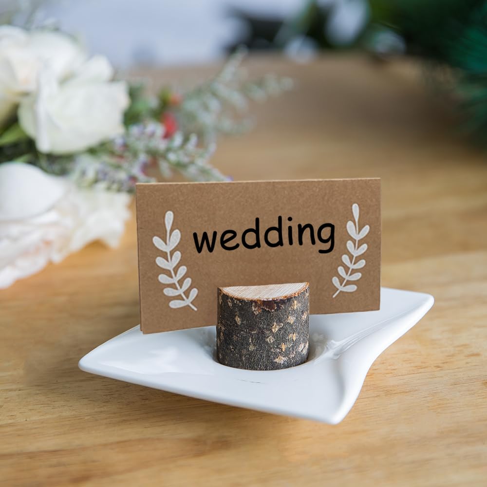 Wettin 24Pcs Rustic Wood Place Card Holders And 30Pcs Kraft Table Name Place Cards, Wood Table Number Holders, Wooden Photo Hold