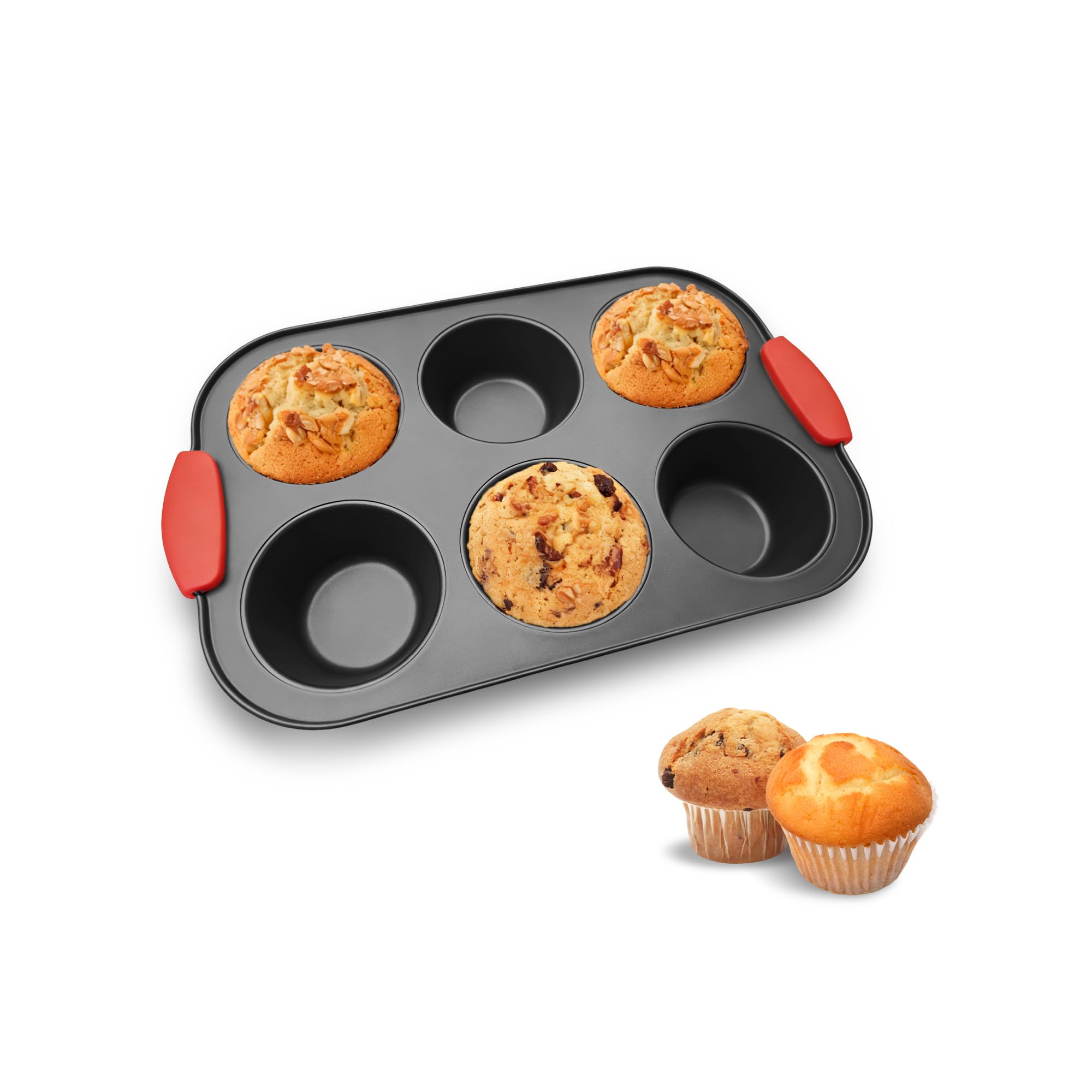 JSJMOFA 6 Cups Muffin Pan with Silicone Handle, Non Stick Muffin Top Pan, Large Muffins Tin Tray, Cup Cake Pans for Baking Muffi