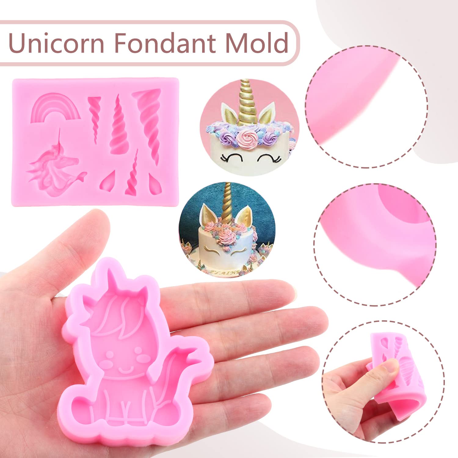 Miyahouse Unicorn Silicone Molds Rainbow Unicorn Horn Ears Fondant Molds Rose Flower Candy Molds For Cake Decorating Cupcake Top