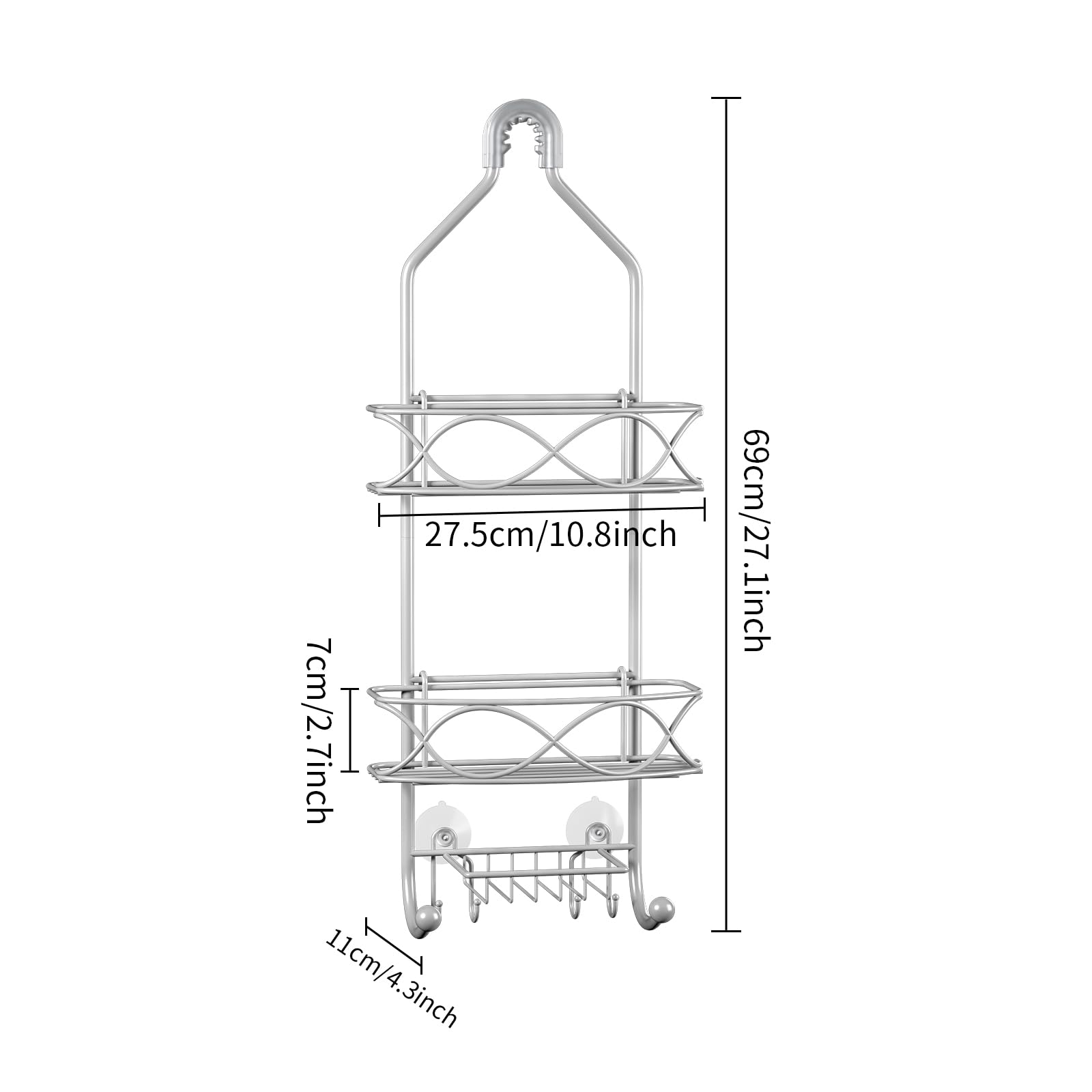 GAOKASE Shower Caddy Shower Caddy Over Shower Head  Shower Caddy Hanging 3 Tier with Two Movable Baskets Grey Shower Caddy Hanging with hooks for Towels  Sponge and more