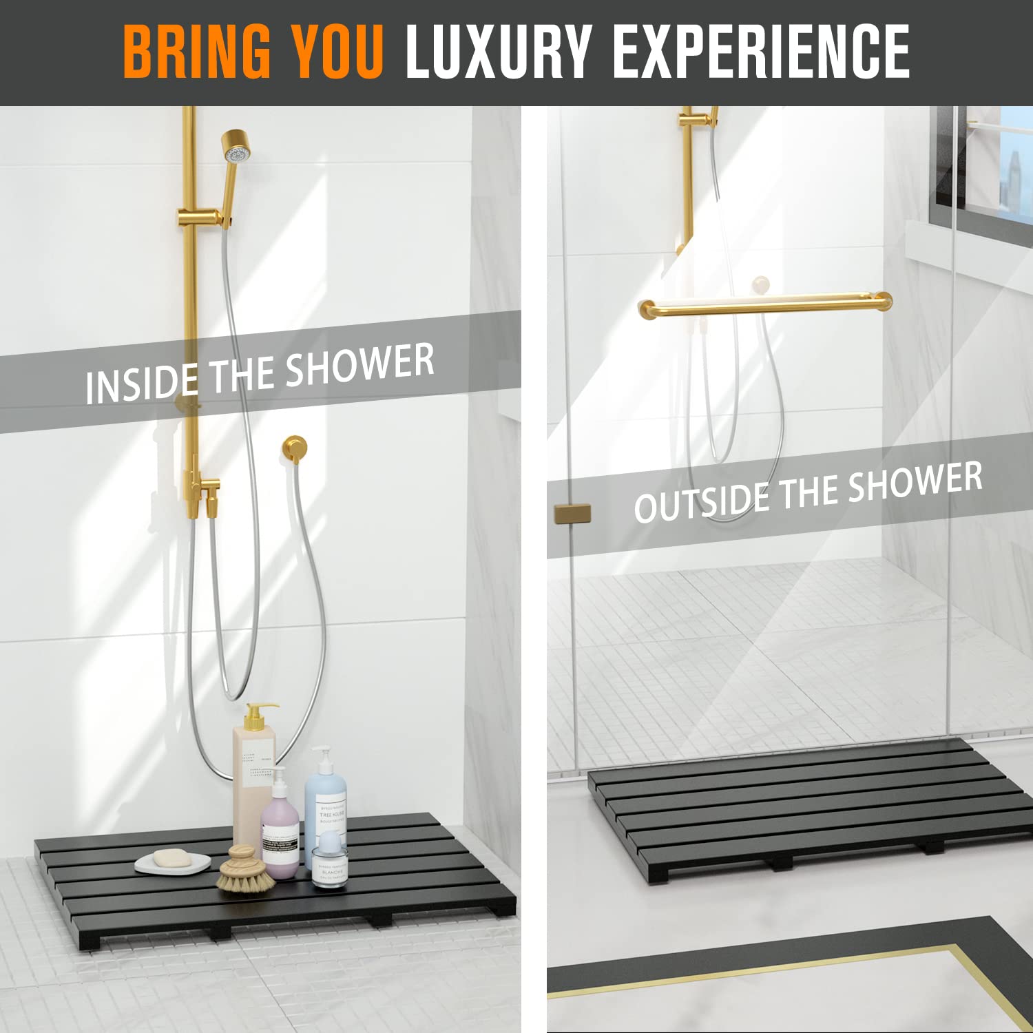 Bath Mat For Bathroom Luxury Shower - Non-Slip Bamboo Wooden Waterproof Floor Mat For Indoor Or Outdoor Use(Black)