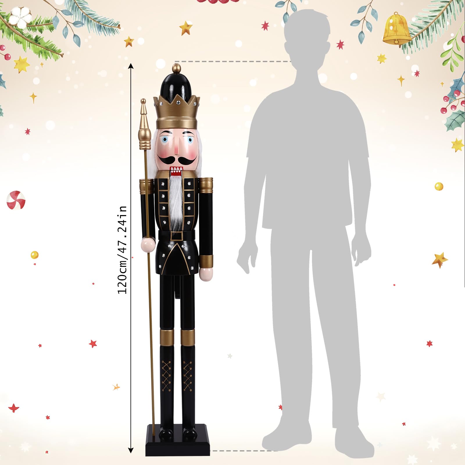 Liliful 48 Inch 4 ft Tall Life Size Christmas Nutcracker Giant Wooden Nutcracker Statue with Golden Scepter for Indoor Outdoor X