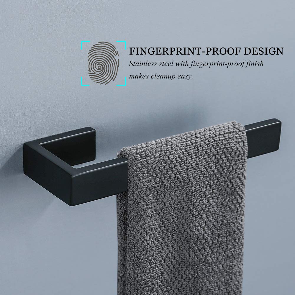 TNOMS 4 Pieces Bathroom Hardware Accessories Set Black Towel Bar Towel Holder Robe Hook Toilet Paper Holder Stainless Steel Q8-P4BK
