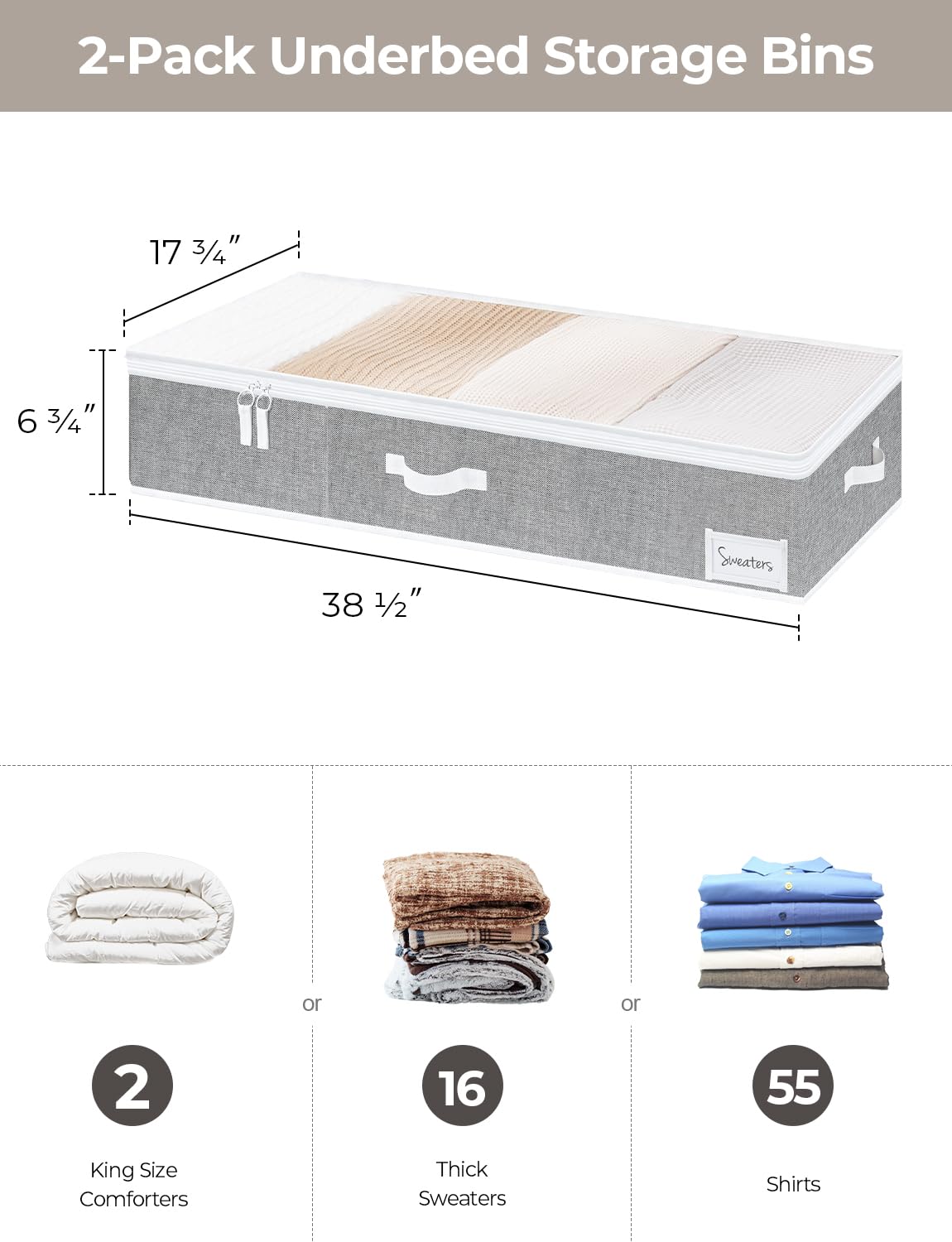 StorageWorks Underbed Storage Bins, Under Bed Storage Containers with Zippers, Closet Organizer for Clothes, Blankets, Gray, Jum