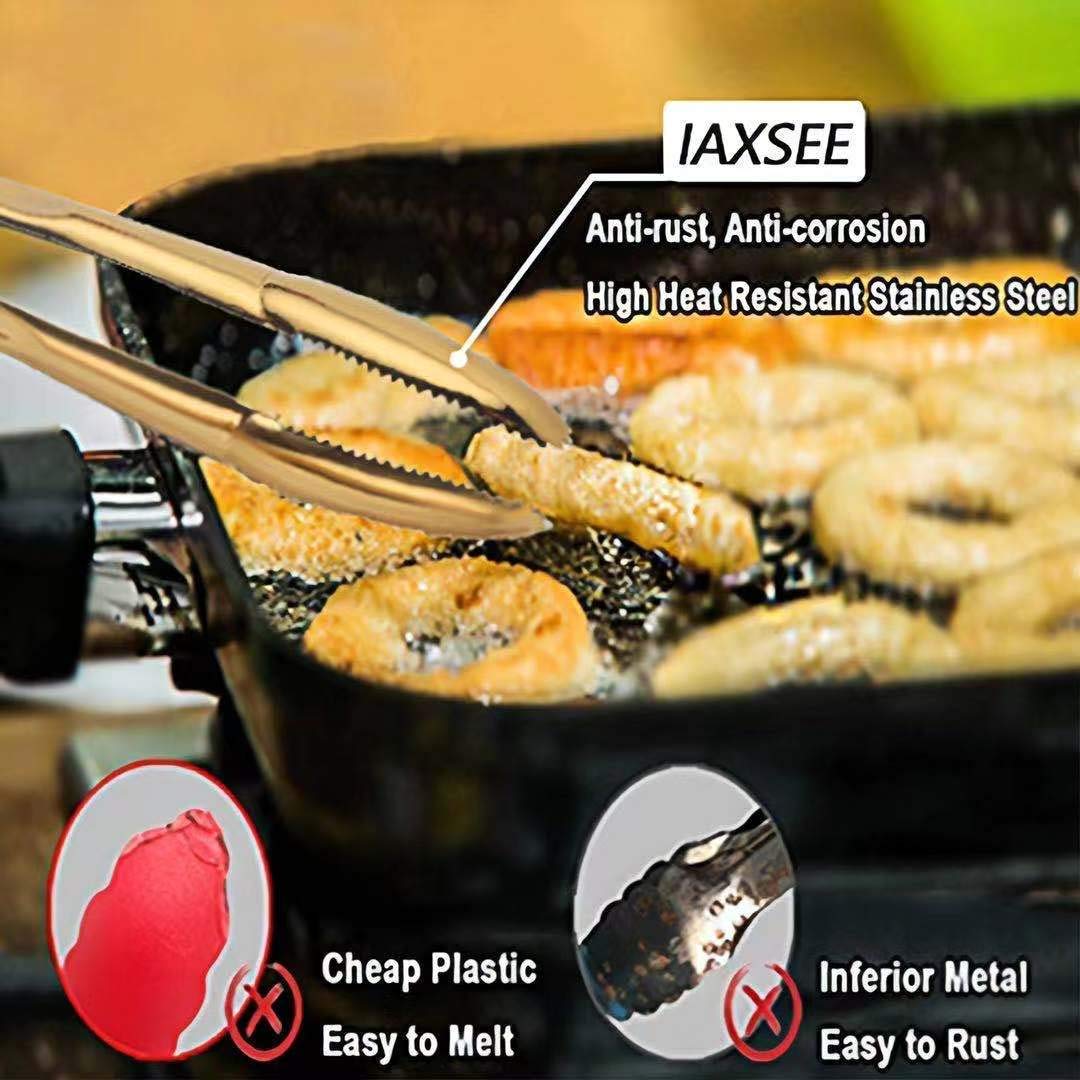 Iaxsee 2-Pack 9 Inch Stainless Steel Gold Salad Tongs, Non-Slip & Easy Grip Smart Locking Clip Handy Utensil For Cooking, Servin