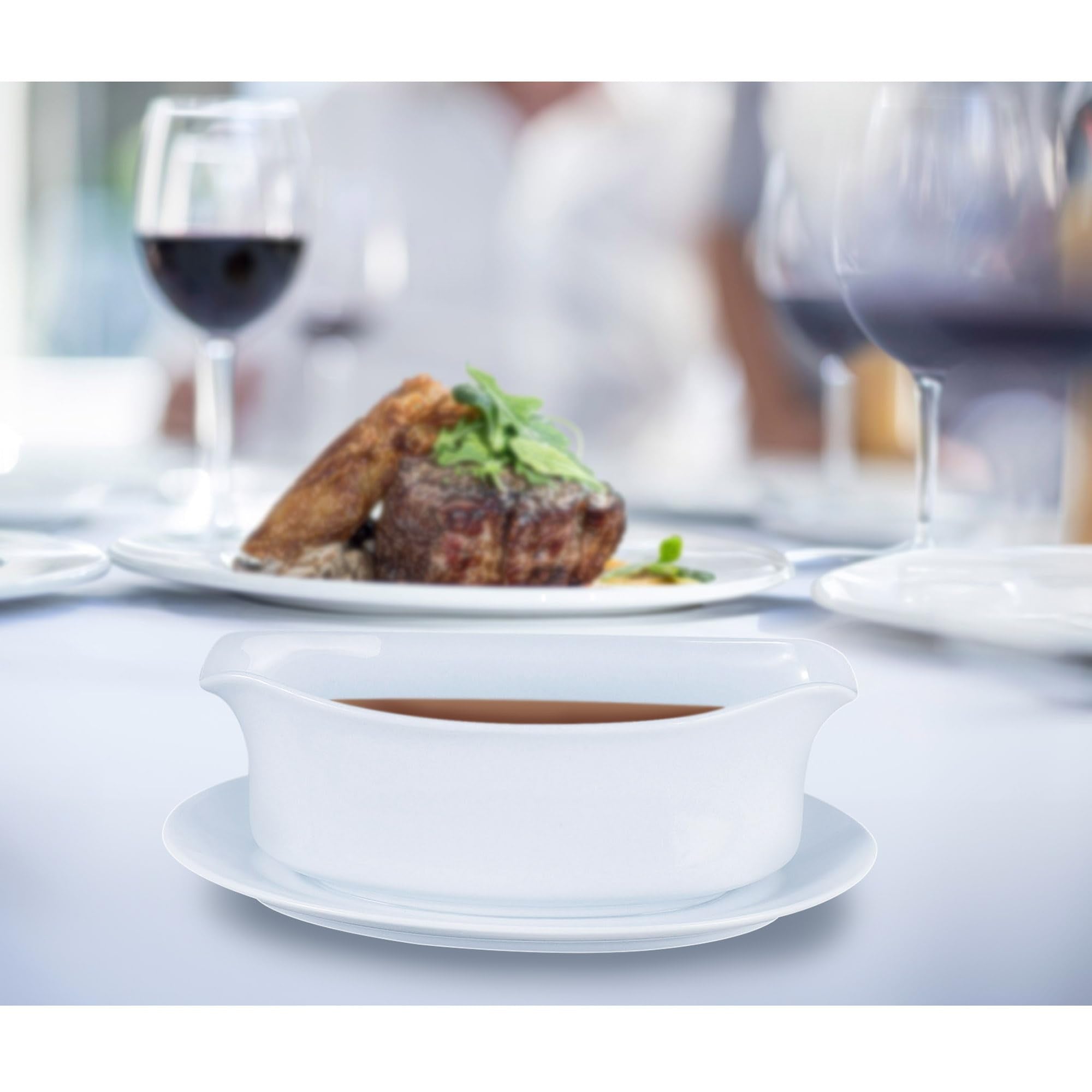 Hic Kitchen Gravy Boat With Attached Saucer, Fine White Porcelain, 18-Ounce