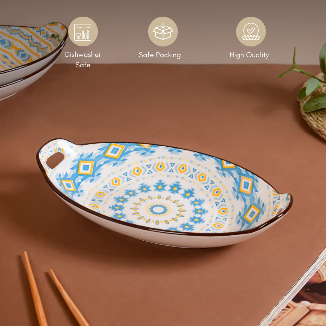 Nestasia Blue & Yellow Diamond Ceramic Long Dish with Handles for Serving Snacks, Appetizers, Salads, and Noodles| Microwave Saf