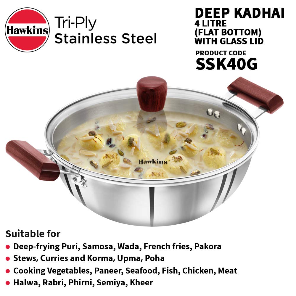 Hawkins 4 Litre Deep Kadhai, Triply Stainless Steel Kadai With Glass Lid, Flat Bottom Induction Kadhai, Big Kadai, Silver (Ssk40