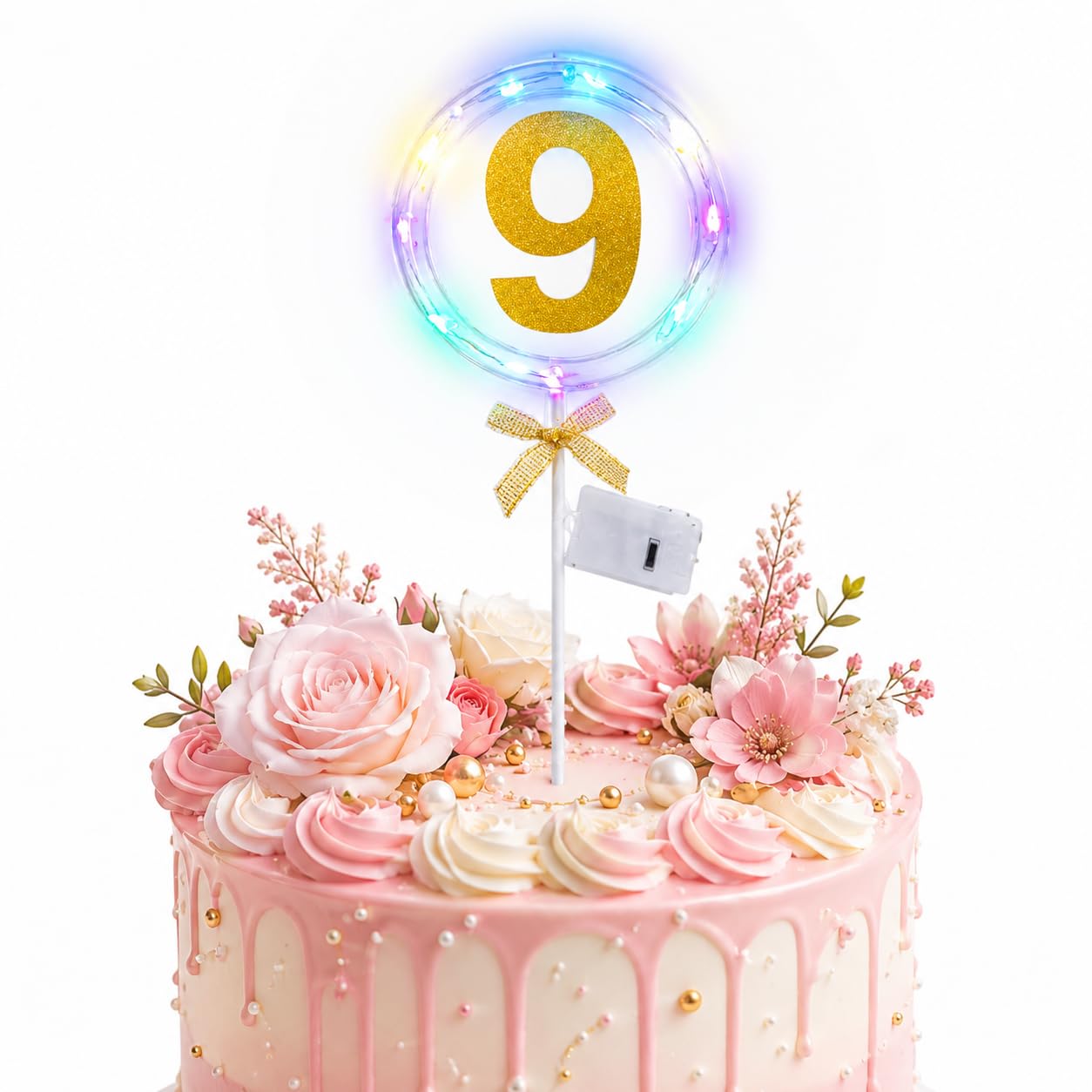 Wanna Party Number 9 Led Cake Topper, Transparent Round With Gold Glitter Number, Light String & Bow, 9Th Birthday Cake Decorati