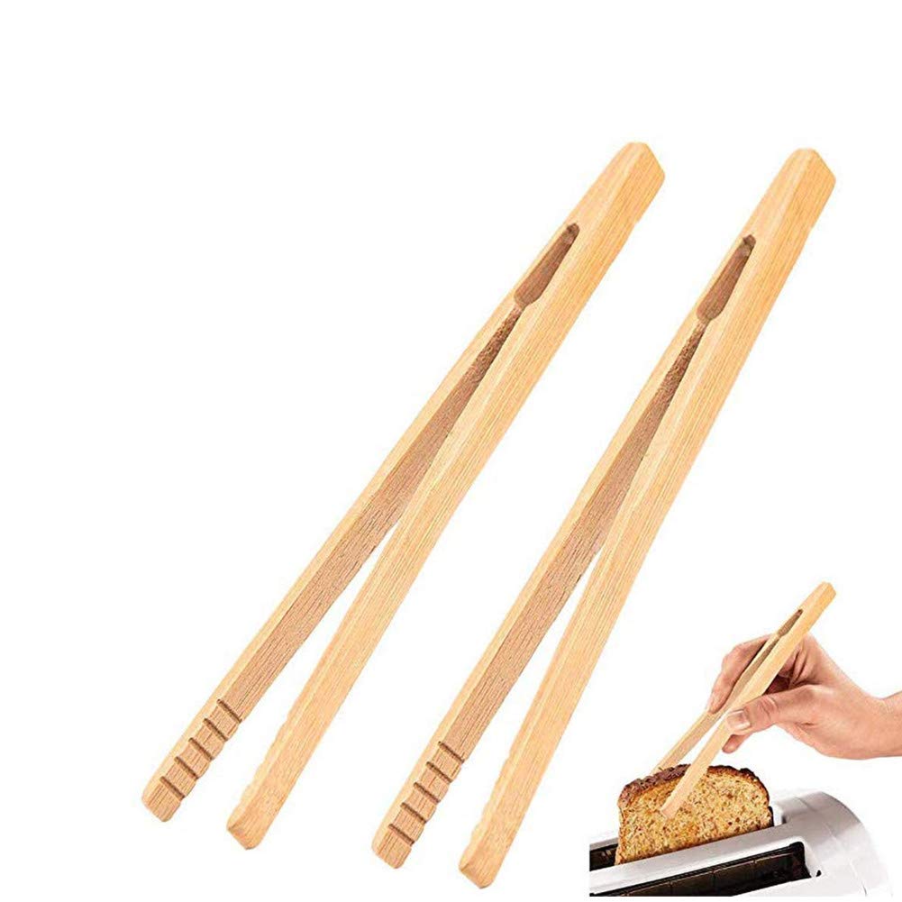 2 Pieces 7 Inch Bamboo Toaster Tongs, Natural Bamboo Wood Tongs For Toast Pickles Tea Cooking Kitchen Straight Tongs
