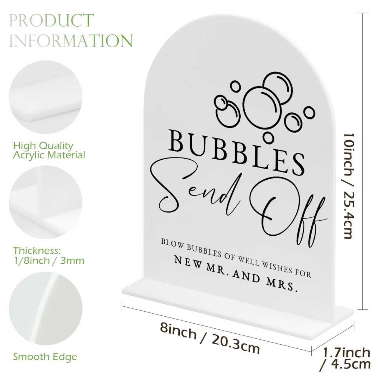 White Arch Acrylic Wedding Sign- 8x10 Bubbles Send Off Sign and Base,1/8 Thick | Modern Calligraphy Arched Acrylic Signs for Wed