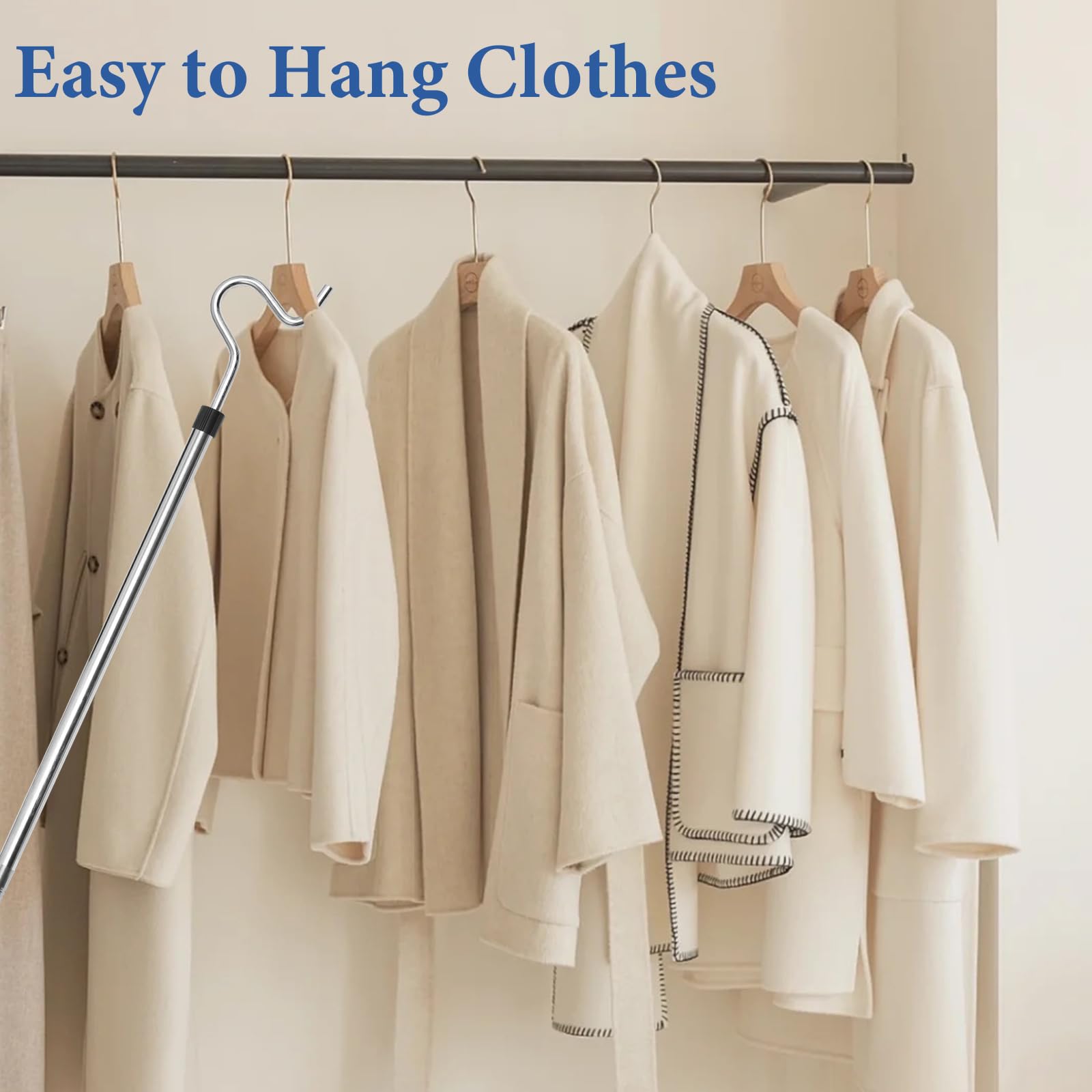 Greeily Clothes Hook Pole, Clothes Hanger Reaching Hook For Hanging Clothes Light And Plants Extendable From 35'' To 50'' Made O