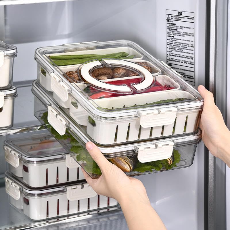 Qshare Divided Fridge Storage Box With 4 Serving Veggie Box With Lid And Handle  Airtight Fridge Organizer With Removable 4 Com