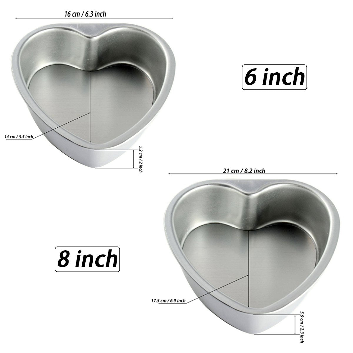 Lepohome 2 Pcs Aluminum Heart Shaped Cake Pan Set Diy Baking Mold Tool With Removable Bottom - 6 Inch & 8 Inch