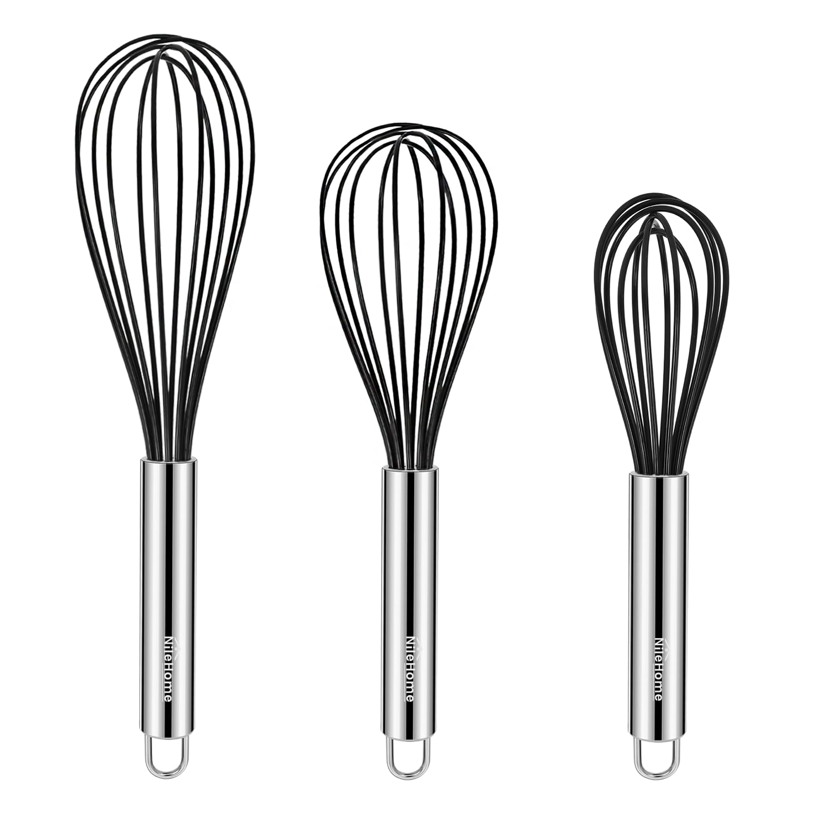 Nilehome Whisk Commercial Whisks Stainless Steel & Silicone Non-Stick Coated Small Whisk Set 8'' 10'' 12'' Kitchen Wisk Wire Whi