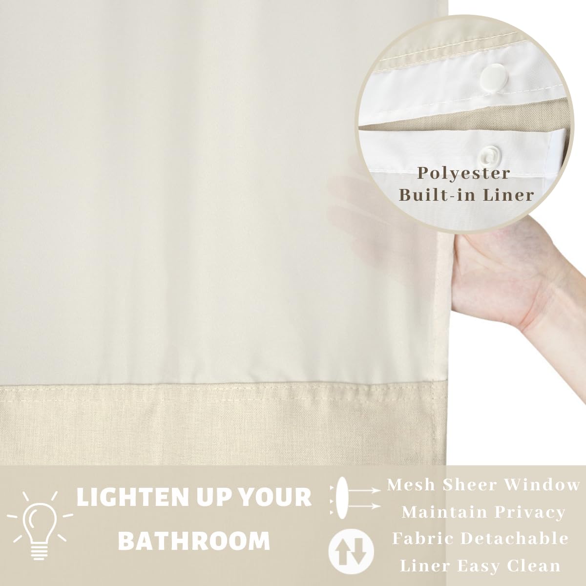 Ecoehoe 71W X86   H Fabric Hook Free Shower Curtain Long With Polyester Magnet Snap-In Liner-Top See Through With Mesh Window Li