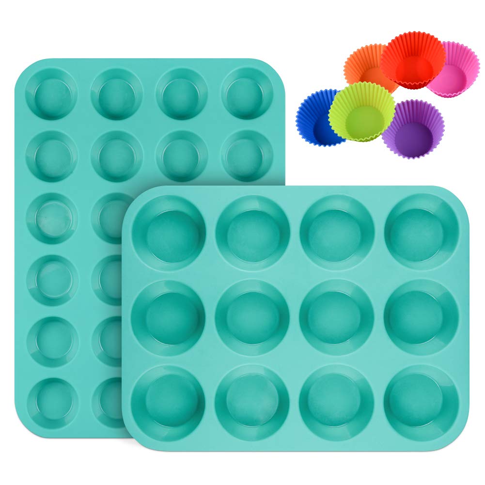 Caketime Silicone Muffin Pan Cupcake Pan Set - Mini 24 Cups And Regular 12 Cups Muffin Tin, Nonstick Food Grade Silicone Molds W