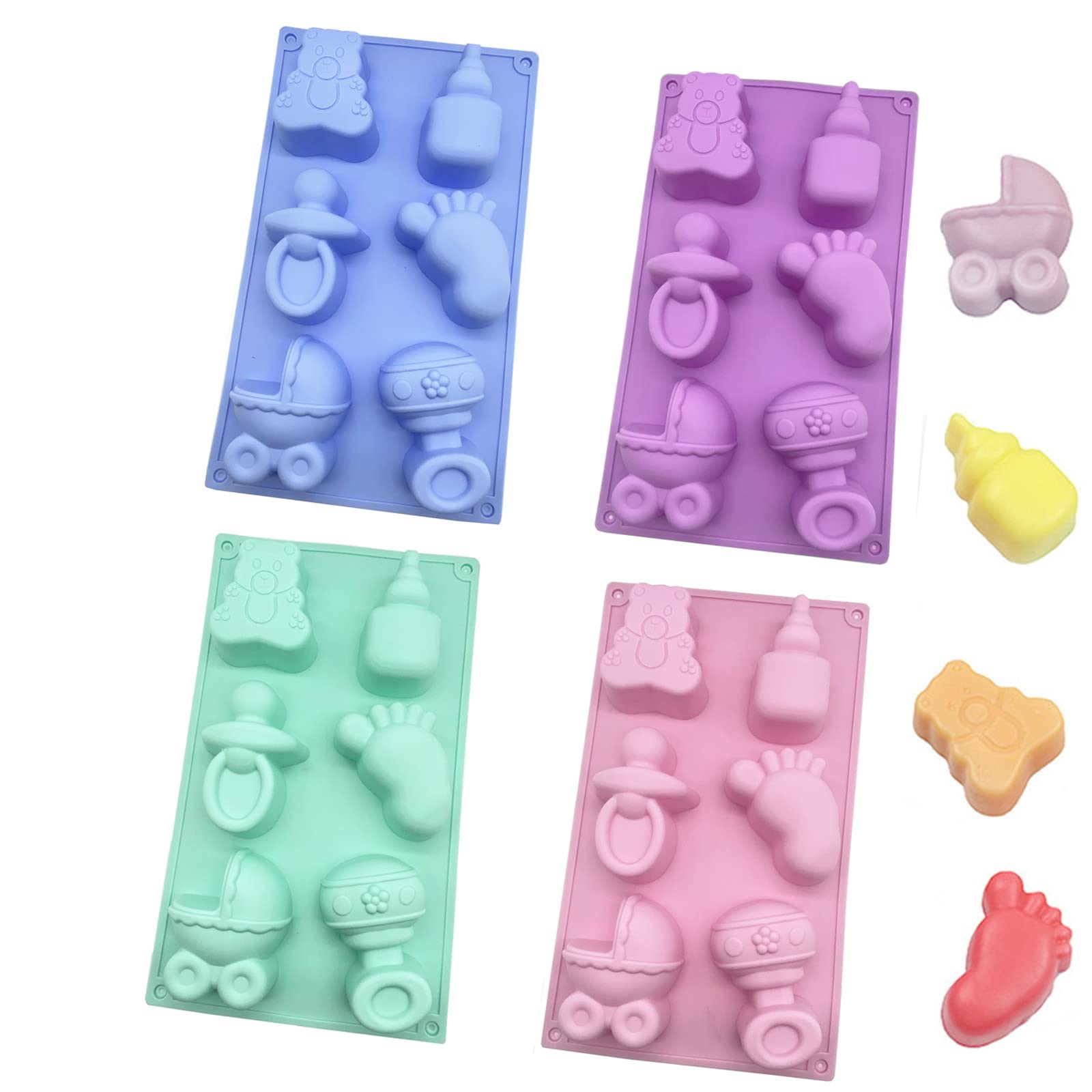 Dd-Life 4 Pcs Baby Shower Party Silicone Mold,Bear Pacifier Little Feet Feeding Bottle Baby Carriage Silicone Fondant Mold For C
